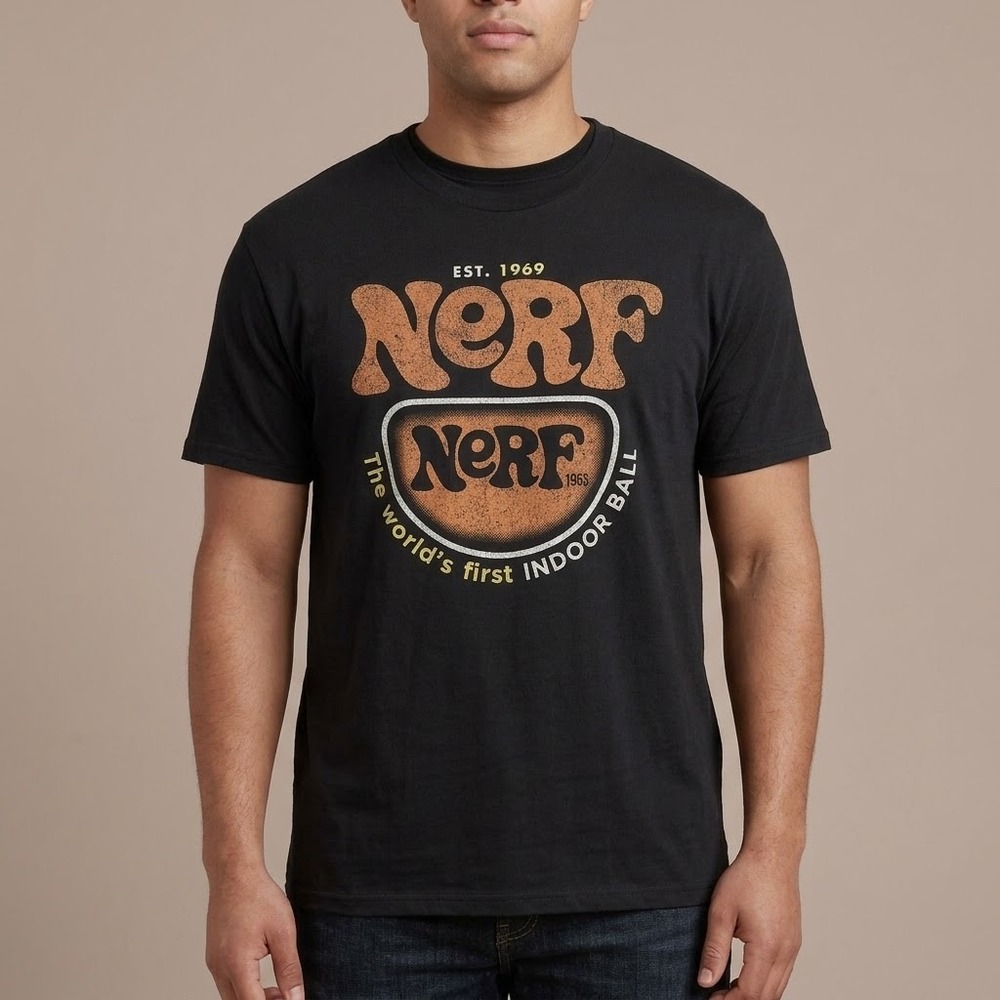 Hasbro NERF World's First Indoor Ball Retro Logo T-Shirt Large Black EUC